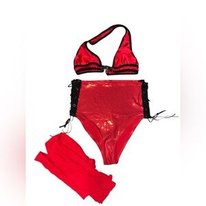 3 piece festival rave set Red and Black Bikini Set with High-Waisted Bottoms